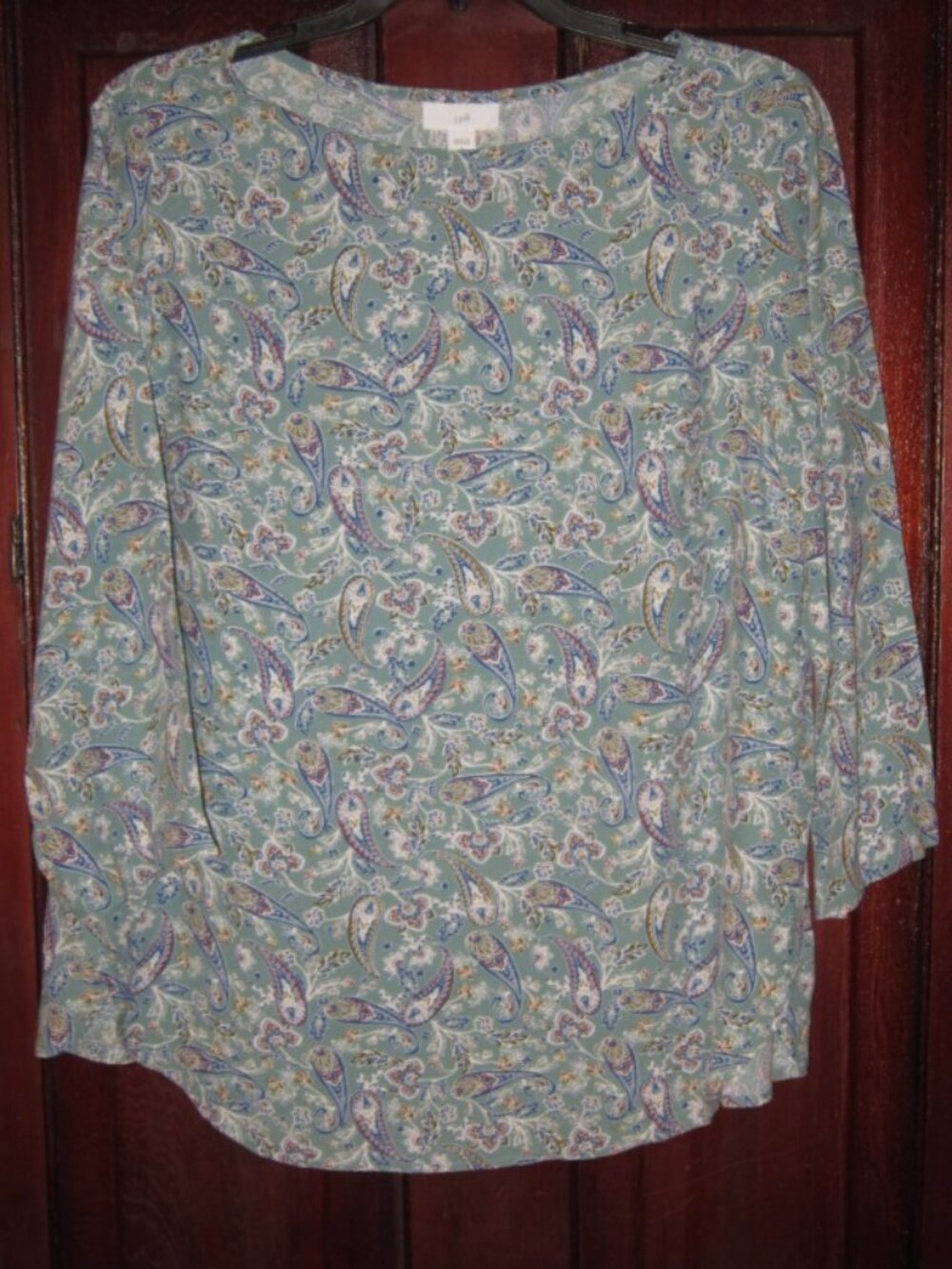 J. Jill S Blouse Top Shirt Paisley Print Green Flowy Rayon Popover 3/4 Sleeve